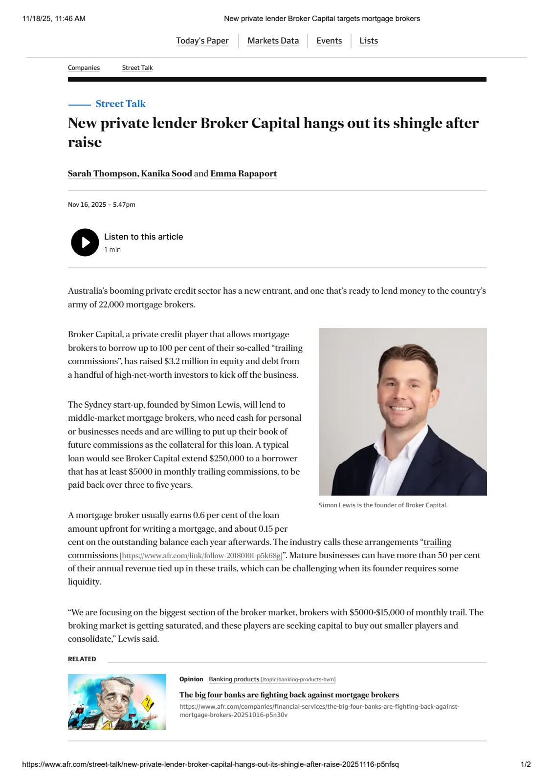 Australian Financial Review article preview - New private lender Broker Capital hangs out its shingle after raise